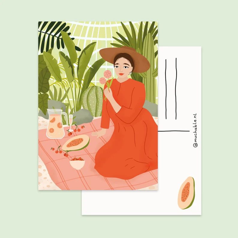muchable kaart met illustratie van picknick in de plantenkas